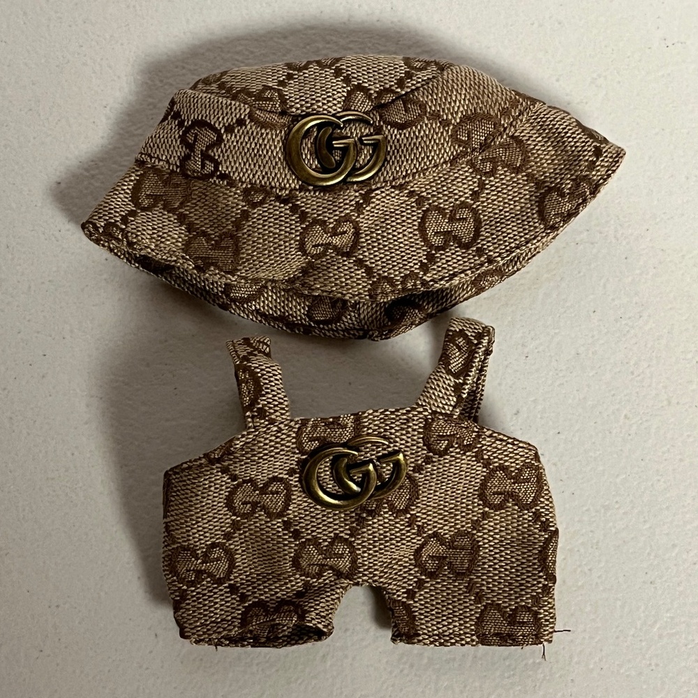 Designer Overalls Bucket Hat 2 Piece Outfit For Labubu Brown Tan